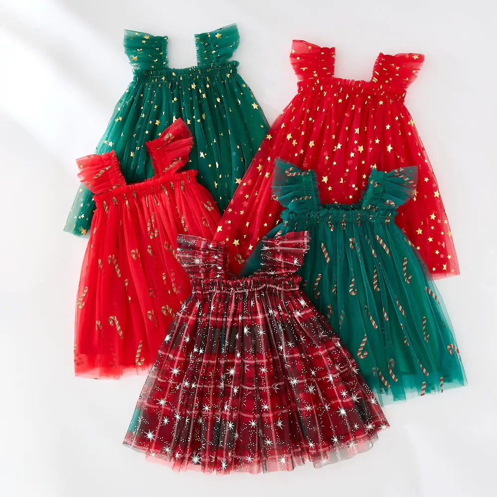 Christmas 2025 Girls Cute Fly Sleeve Star Printed Mesh Puffy Dress Halloween Children Party Photograph Princess Dress 1-6T