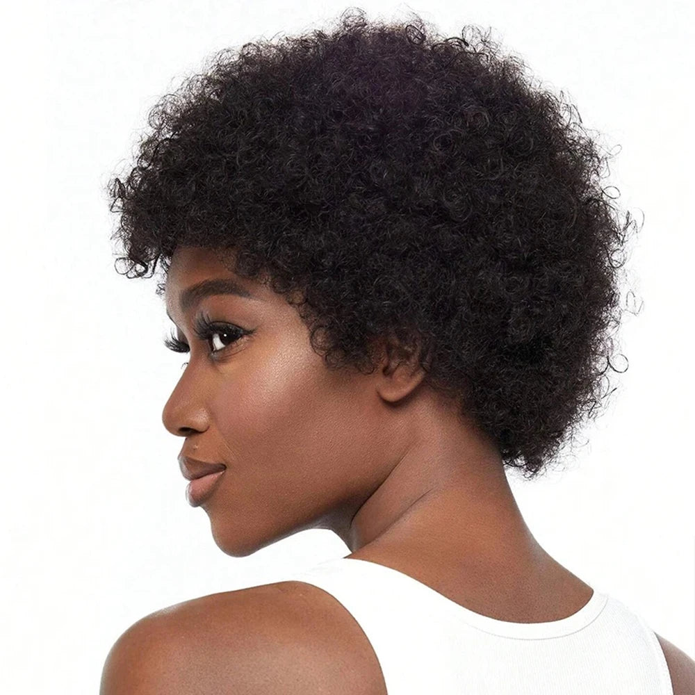 Afro Kinky Curly Pixie Cut Bangs Wig Natural Black Human Hair Short Wig Full Machine Made Wig Natural Looking Replacement Wig