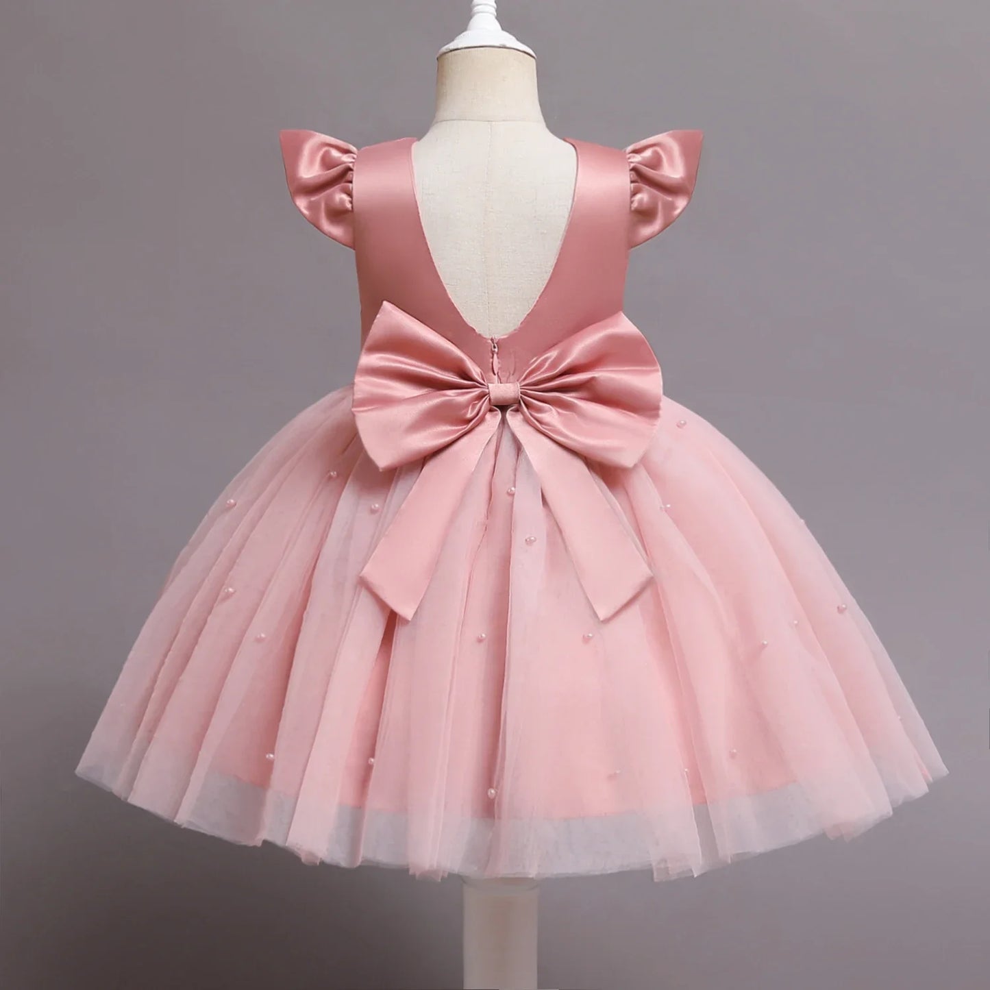 Toddler Girl 1st Birthday Tulle Dress Backless Bow Beading Gown Kids Christmas Wedding Party Princess Dress Baby Girl Dresses