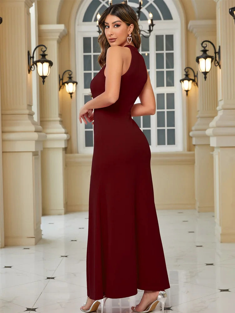 Women's Dresses Split Sleeveless Hollow High Neck Elegant Evening Cocktail Long Dresses