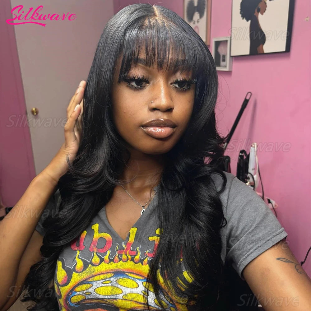 Silkwave Body Wave Human Hair Wigs with Bangs 3x1 Middle Part Lace Scalp Wig For Black Women Brazilian Remy Hair Fringe Wig