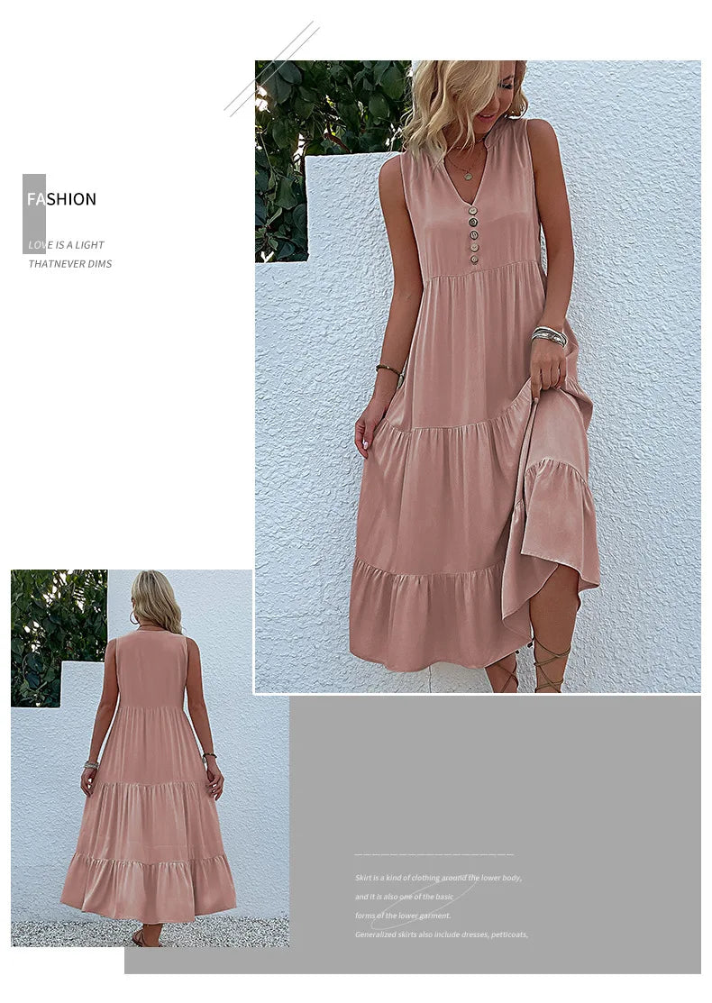 Dresses for Women 2025 Summer V-neck Single-breasted Vest Dress Sleeveless Loose Casual Solid Color Dress Vestidos De Mujer