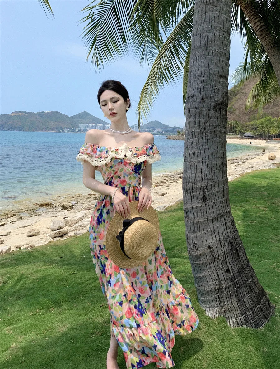 Elegant Dress for Women Print Slash Neck French Style Fashion Dresses Pleated Slim Folds Sweet Vintage New Women's Summer Dress