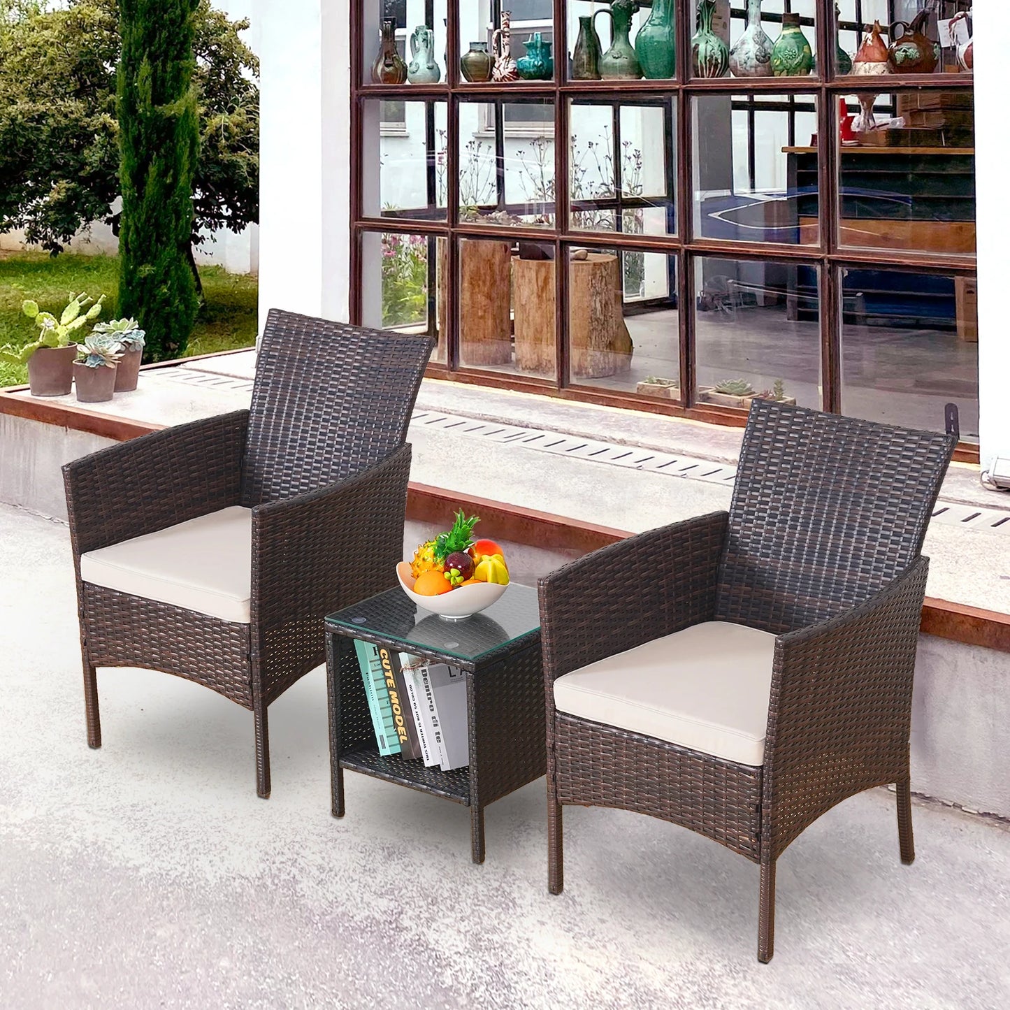 NAGA BAHNA 3-Piece Bistro Set Outdoor Patio Furniture Rattan Chairs Table Soft Cmats Tempered Glass Durable Comfortable Garden