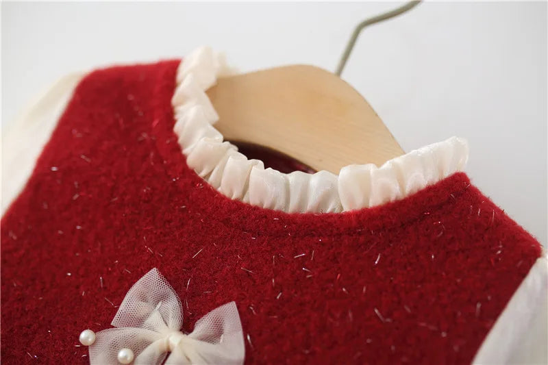 Christmas Girls Dress Ruffled Ball Gown Kids Girls Dresses Per Bow Decoration Girls Cake Dresses Kids Party Clothes