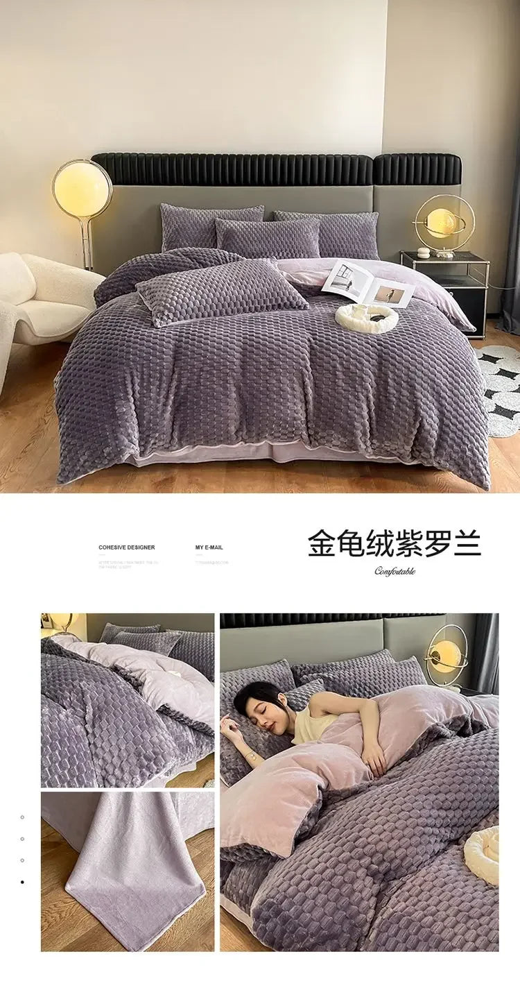 Four Piece Light Pink Honeycomb Plush Bed Duvet Cover Set Winter Milk Velvet Beds Sheet Skirt 3-Piece Home Furnishing Decoration