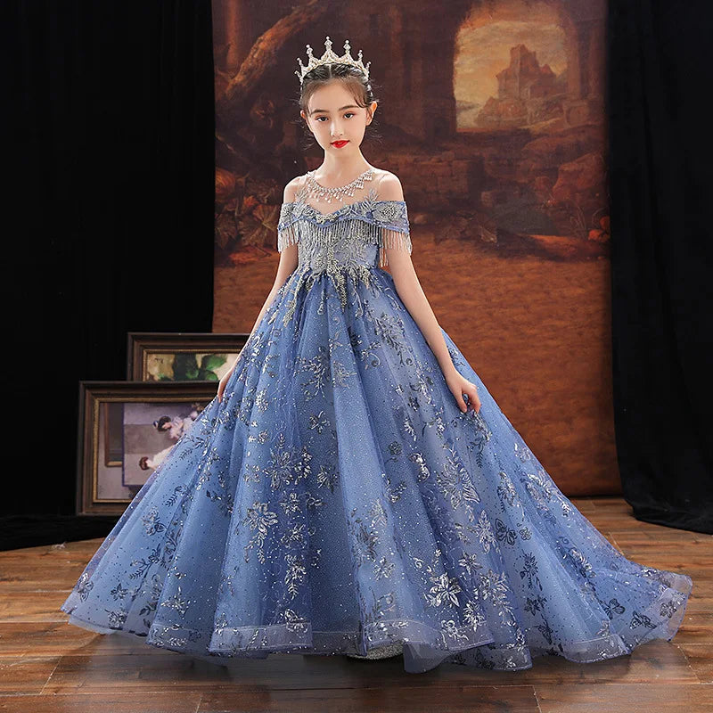 Girl Elegant Off Shoulder Dress Fashion Runway Show Luxurious Princess Dresses for Girls Birthday Party Long Kids Vestidos