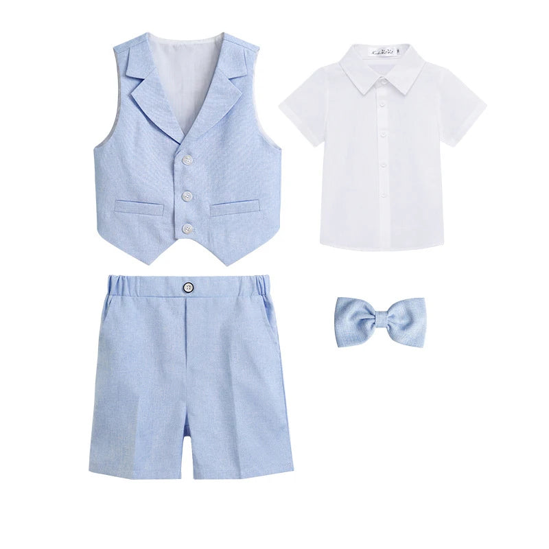 Children's Summer Blue Vest Dress Suit Boy Birthday Party Performance Photography Costume Kids Waistcoat Shorts Bowtie Outfit
