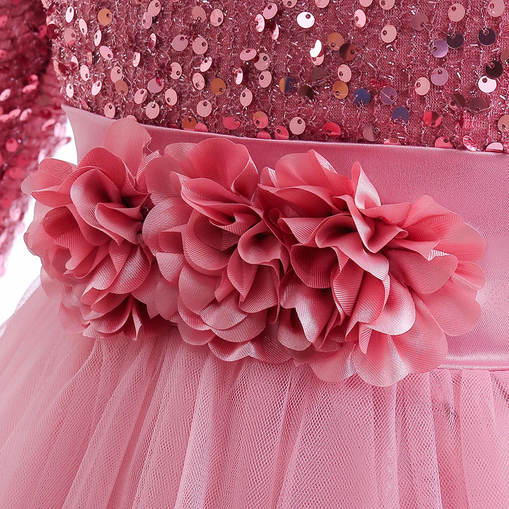 Christmas Princess Dress For Girls Children Costume Long Sleeve Sequin Wedding Evening Vestidos Kids Girl Birthday Party Dresses