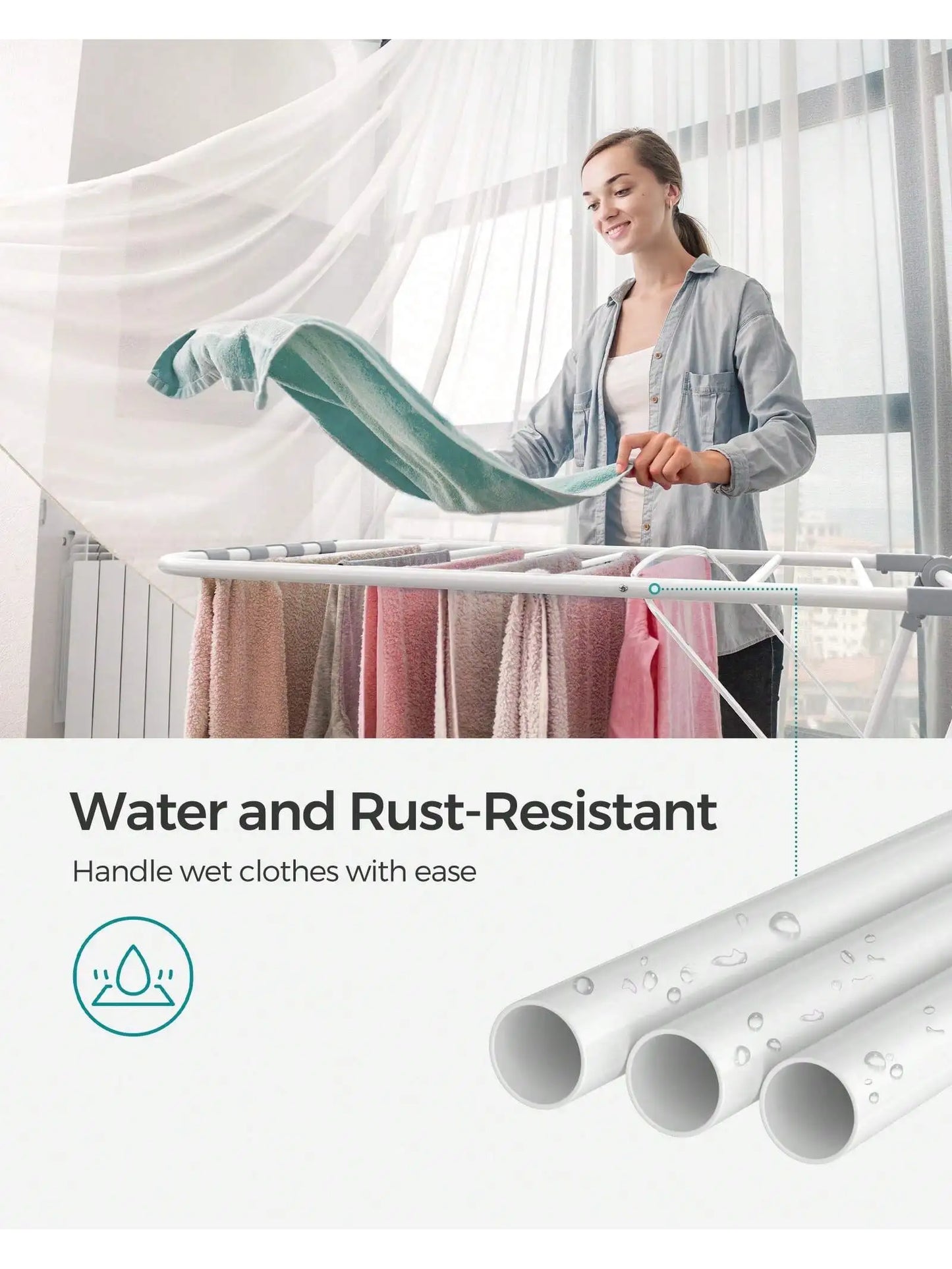 SONGMICS Clothes Drying Rack, With Sock Clips, Metal Laundry Rack, Foldable, Space-Saving, Free-Standing Airer, With Height-A