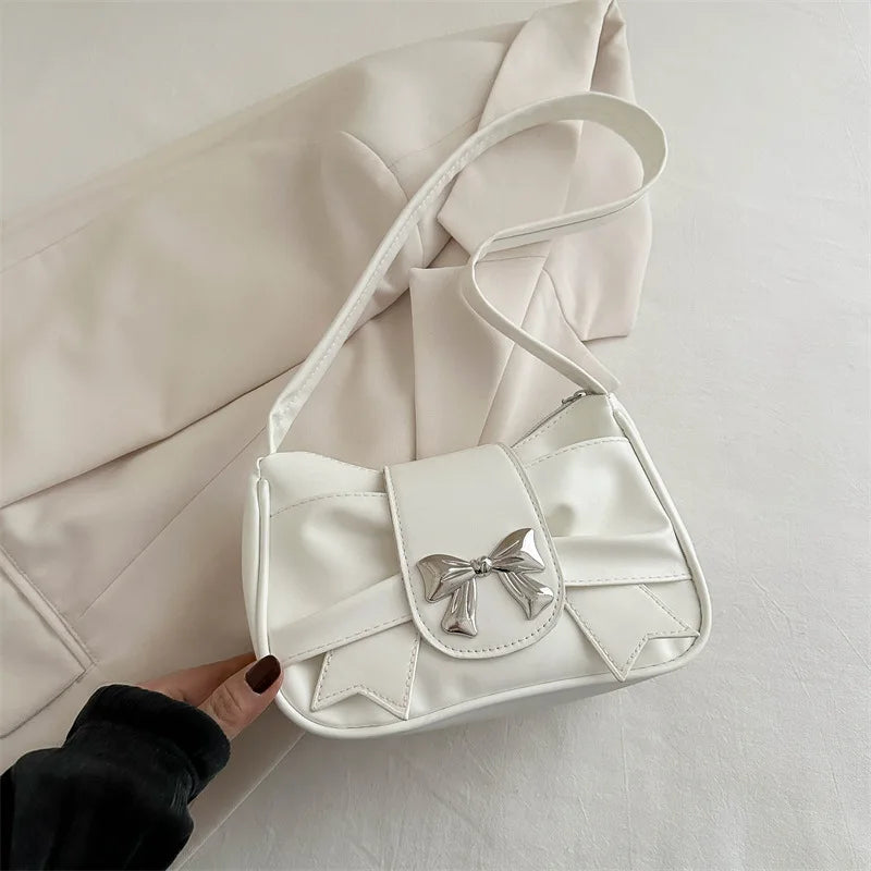 Sweet Bow Small Underarm Bag for Women Fashion PU Leather Ladies Portable Shoulder Bags Solid Color Female Clutch Handbags
