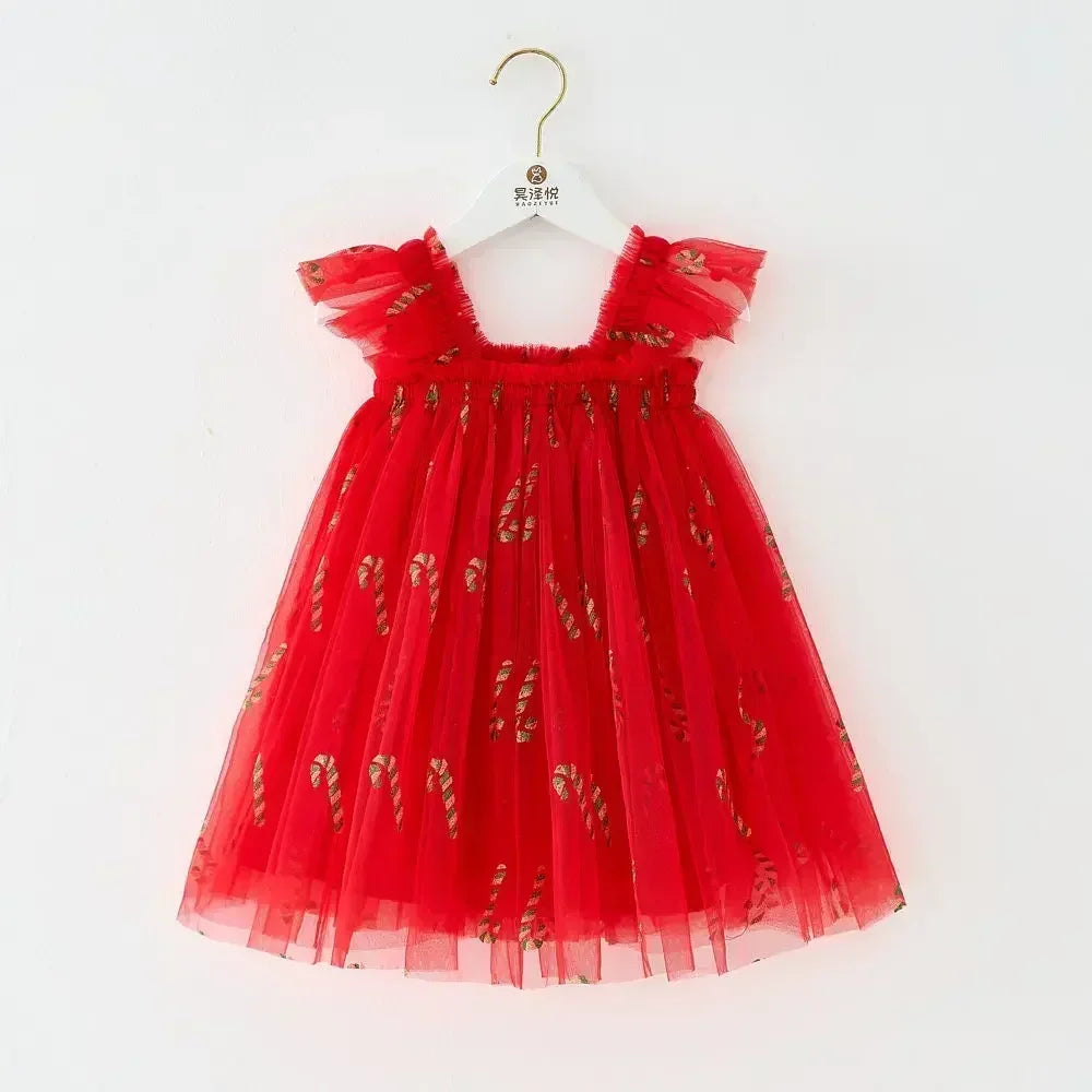 Christmas 2025 Girls Cute Fly Sleeve Star Printed Mesh Puffy Dress Halloween Children Party Photograph Princess Dress 1-6T
