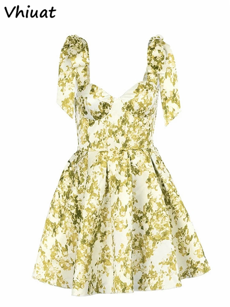 Vhiuat Blue Floral Print Cute Elegant Off Shoulder Mini A-Line Dress Lace Up Fashion Women Party Evening Dresses Summer 2024