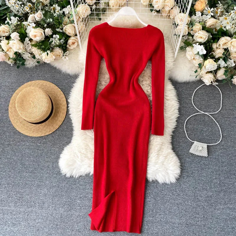 Dresses For Women 2026 Sexy Strapless Ribbed Knitted Bodycon Dress Women Winter Long Sleeve Midi Sweater Dress Clothes