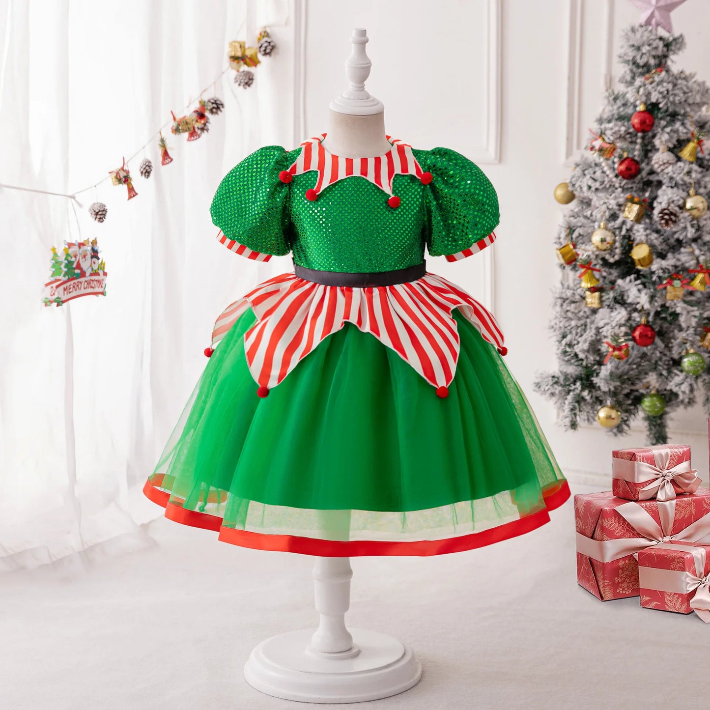 Christmas Dresses Girl Cartoon Print Princess Dress Children Red and Green Sequined Mesh Puff BalL Gown Carnival Clothes