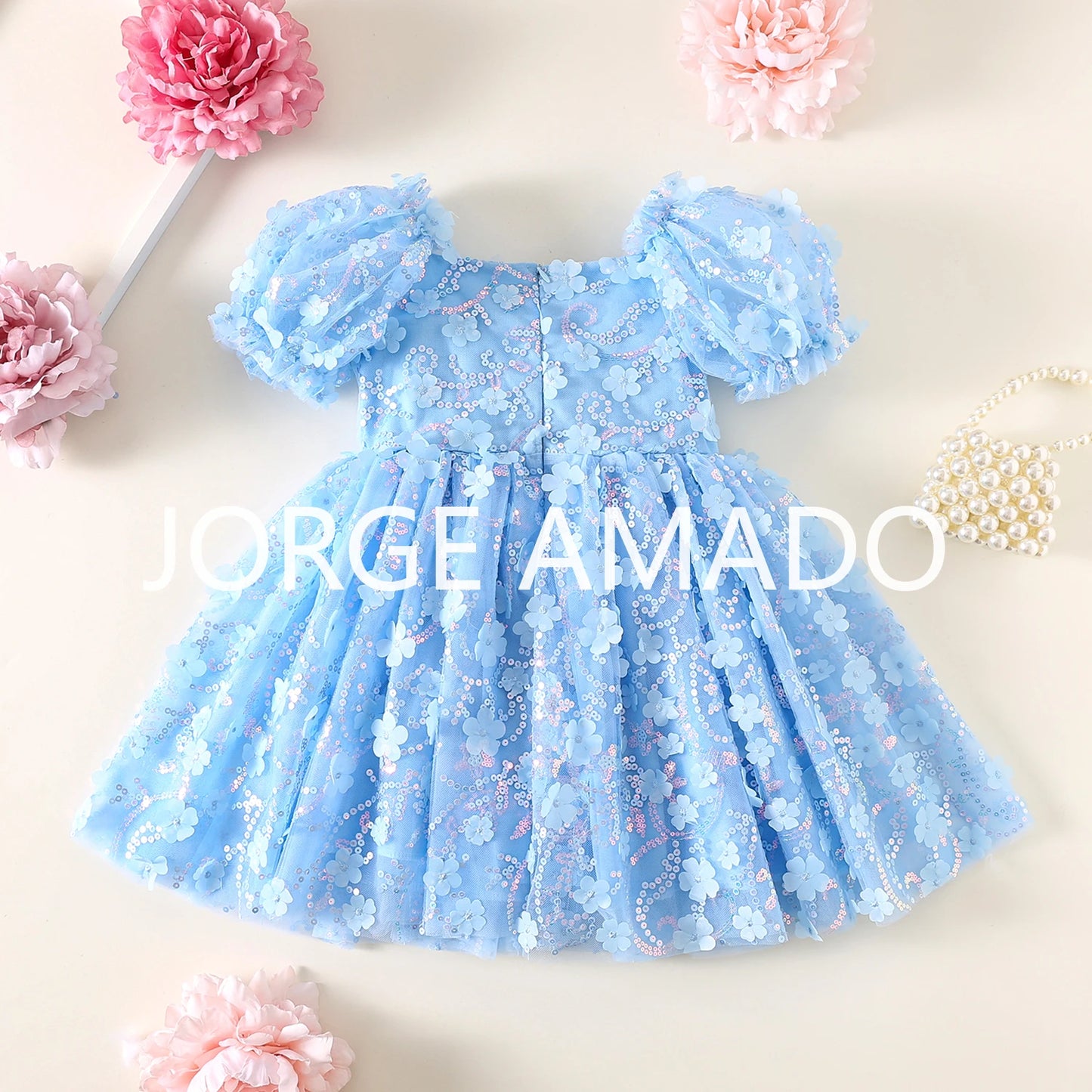 New Summer Teenager Girl's Dress Short Puff Sleeves Square Collar Appliques Large Bow Sequin Mesh Princess Lovely Clothing H7004