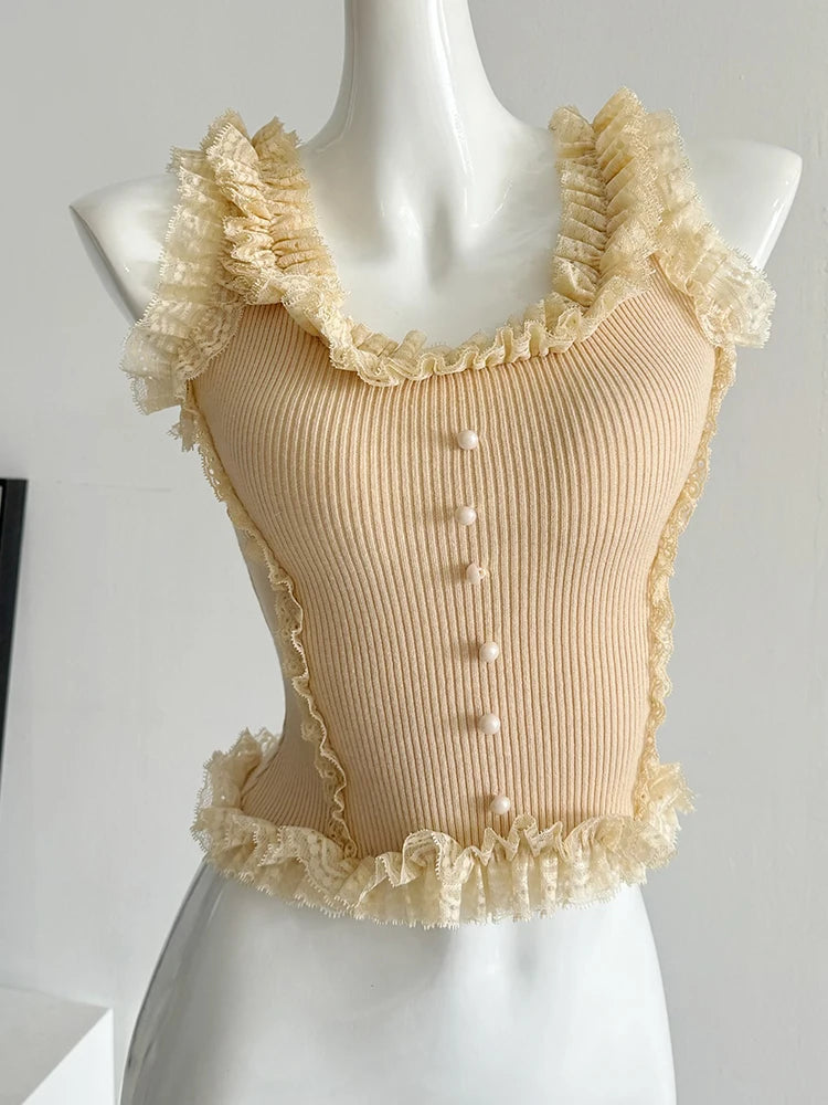 Korean Lace Patchwork Crop Top Women U-Neck Knitted Stretch Tank Top 2025 Summer Female White Lace Stretch Cami