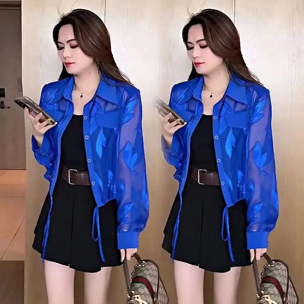 Summer Solid Color Fashion Long Sleeve Jacket Women High Street Thin Style Embroidered Button Cardigan Drawstring All-match Tops