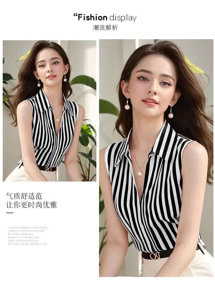 British Polo Collar Sleeveless Chiffon Blouse Red Striped Temperament Women V-neck Elegant Shirts Slim Fit Summer Niche Clothes