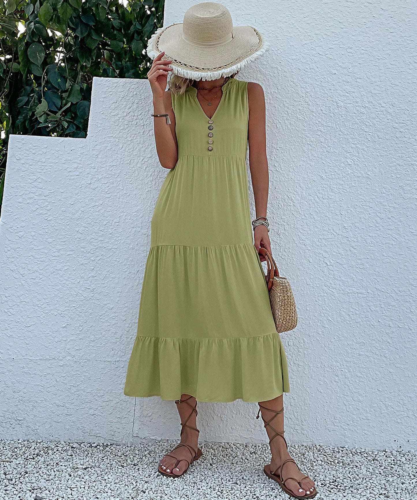 Dresses for Women 2025 Summer V-neck Single-breasted Vest Dress Sleeveless Loose Casual Solid Color Dress Vestidos De Mujer