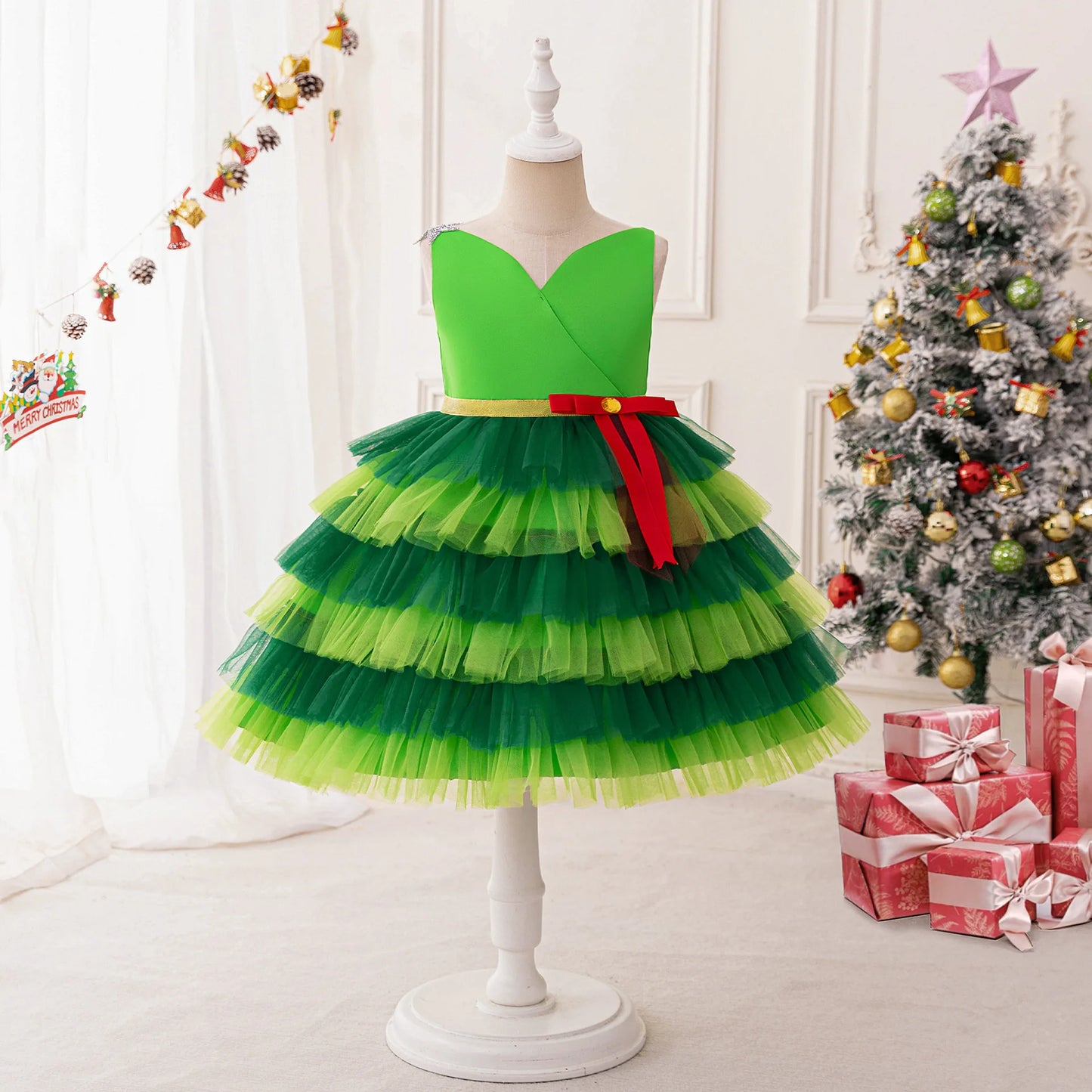 Christmas Dresses Girl Cartoon Print Princess Dress Children Red and Green Sequined Mesh Puff BalL Gown Carnival Clothes