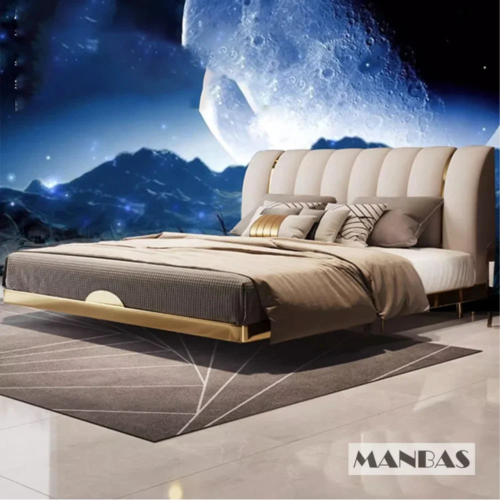 Linlamlim Modern Genuine Leather Suspended Bed With Sensor Light, Double Rectangle Bed Frame With Stainless Steel, Nordic Camas