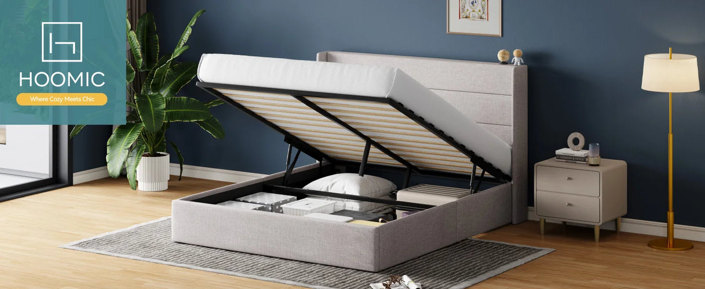 HOOMIC Lift Up Storage Bed with Wingback Headboard/Heavy-Duty Hydraulic Bed/Large Underneath Storage Allewie
