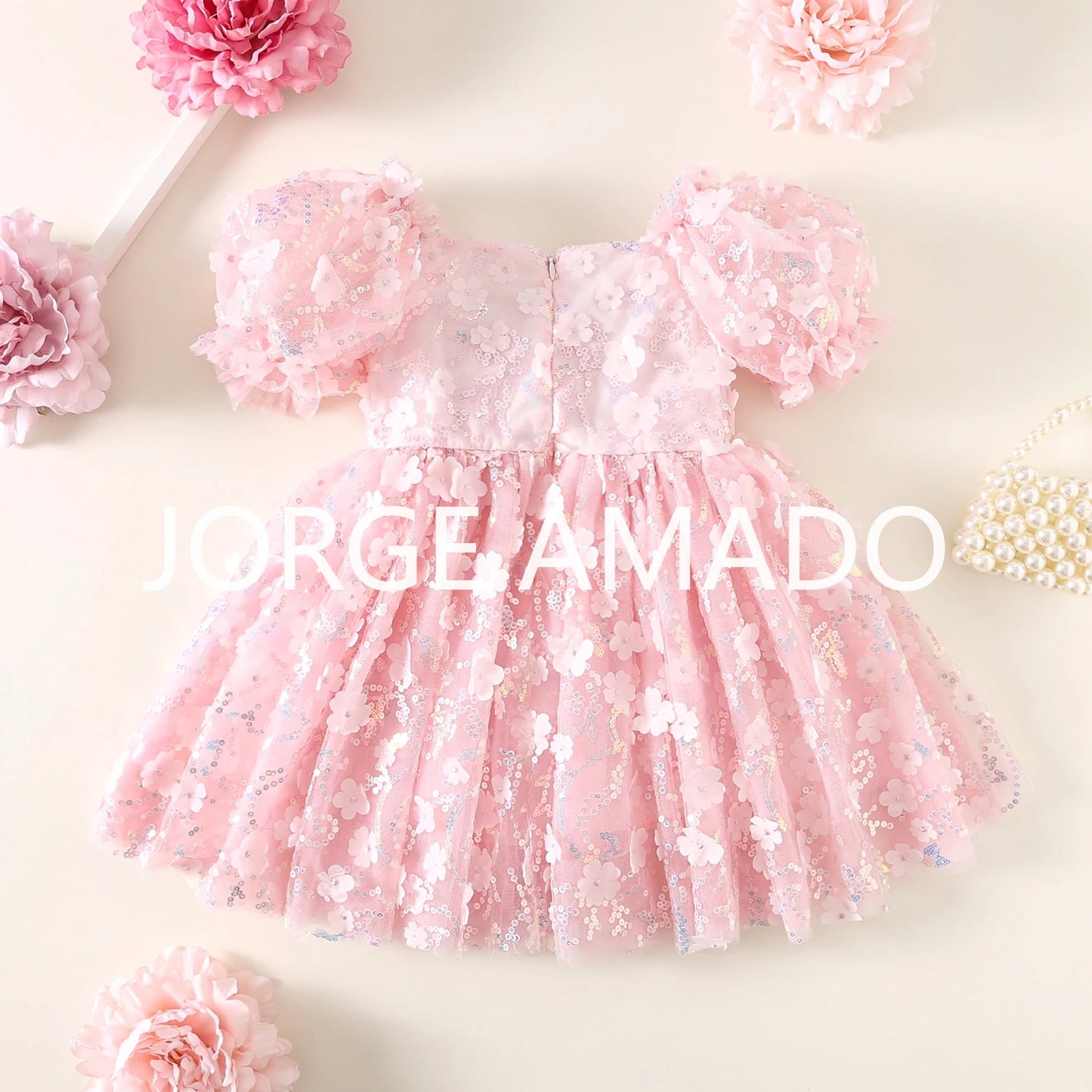 New Summer Teenager Girl's Dress Short Puff Sleeves Square Collar Appliques Large Bow Sequin Mesh Princess Lovely Clothing H7004