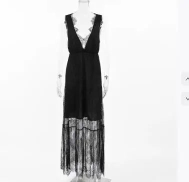 Female Dresses 2025 Sexy Black Brocade Lace Temperament Dress Versatile and Sexy V-Neck Wide Truffle Back Women's Long Dress