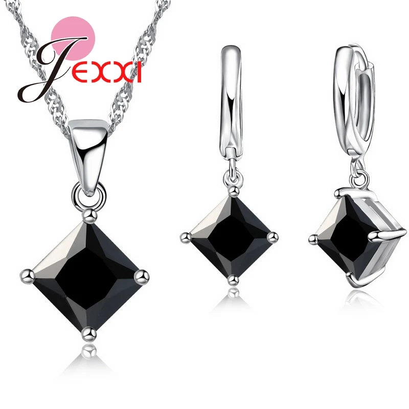 Women Accessories Pendant Necklace Earrings  Jewelry Set Girl Square Shinny CZ Crystal  Pendant 925 Sterling Silver