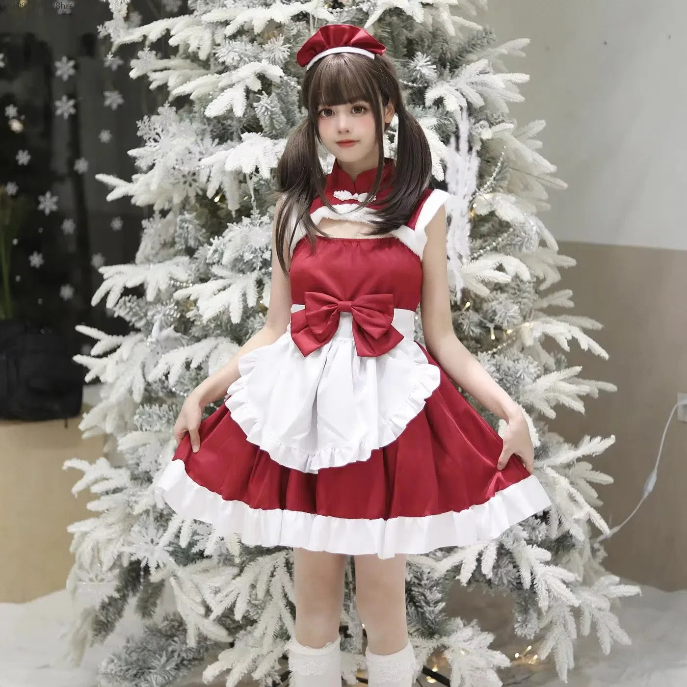 Christmas Maid Dress Girls Suit Red Lolita Cosplay Costume New Year Robe Sleeveless Party Uniform Xmas Clothing