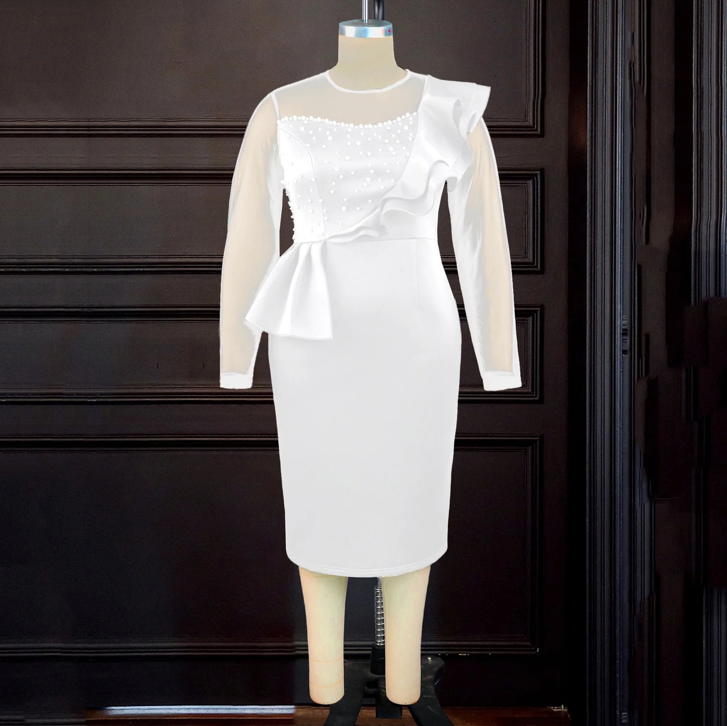 Elegant Dresses Woman 2024 Luxury O Neck Transparent Beaded Ruffles Full Sleeve Sheath Package Hips Mid Calf Birthday Party Robe