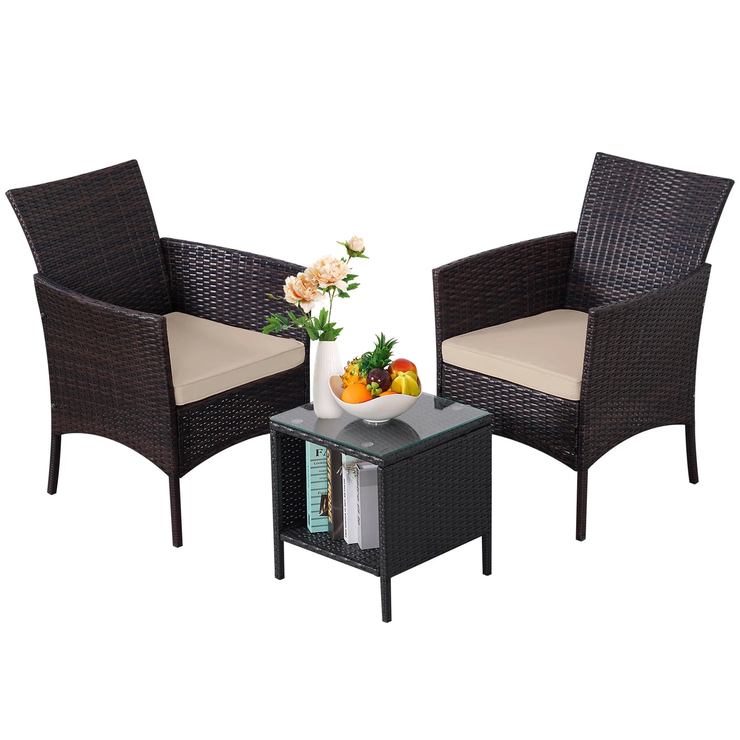 NAGA BAHNA 3-Piece Bistro Set Outdoor Patio Furniture Rattan Chairs Table Soft Cmats Tempered Glass Durable Comfortable Garden