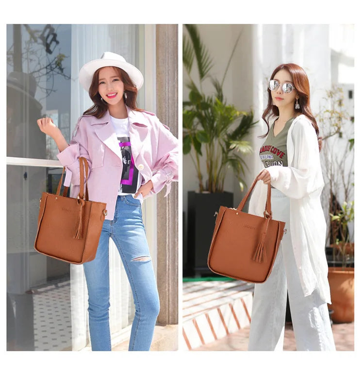 4pcs/set Tassel Bucket Women's Handbag Stylish Crossbody Bag Clutch and Wallet, Solid Color PU Shoulder Bags for Women Daily Use