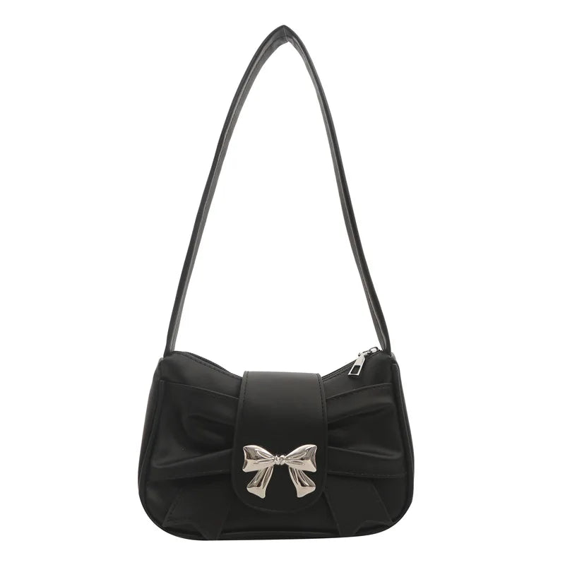 Sweet Bow Small Underarm Bag for Women Fashion PU Leather Ladies Portable Shoulder Bags Solid Color Female Clutch Handbags