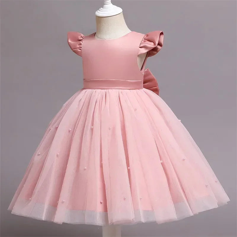Toddler Girl Flower Birthday Tulle Dress Backless Bow Wedding Dress Kids Christmas Party Princess Dress Baby Girl Clothes
