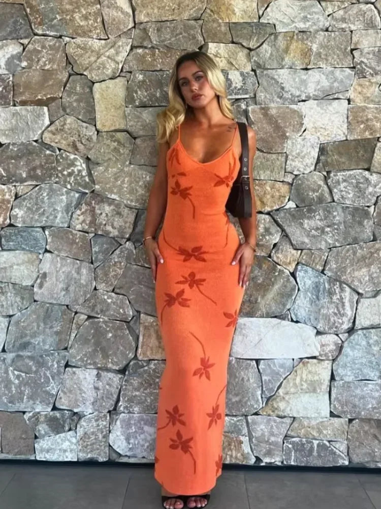 Elegant Sleeveless Long Dress Sexy V Neck Backless Maxi Dresses Women's High Waist Slim Summer Vestidos Lady Printing Robes