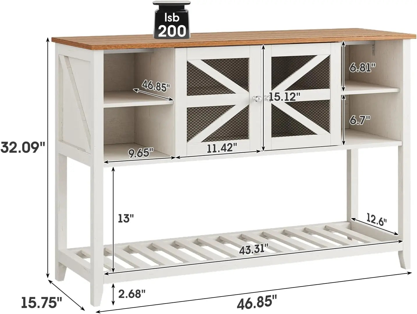 Vabches Entryway Table with 2 Screen Doors&5 Open Storage Shelves&Sturdy Legs White Wood Console Table for Living Room Hallway