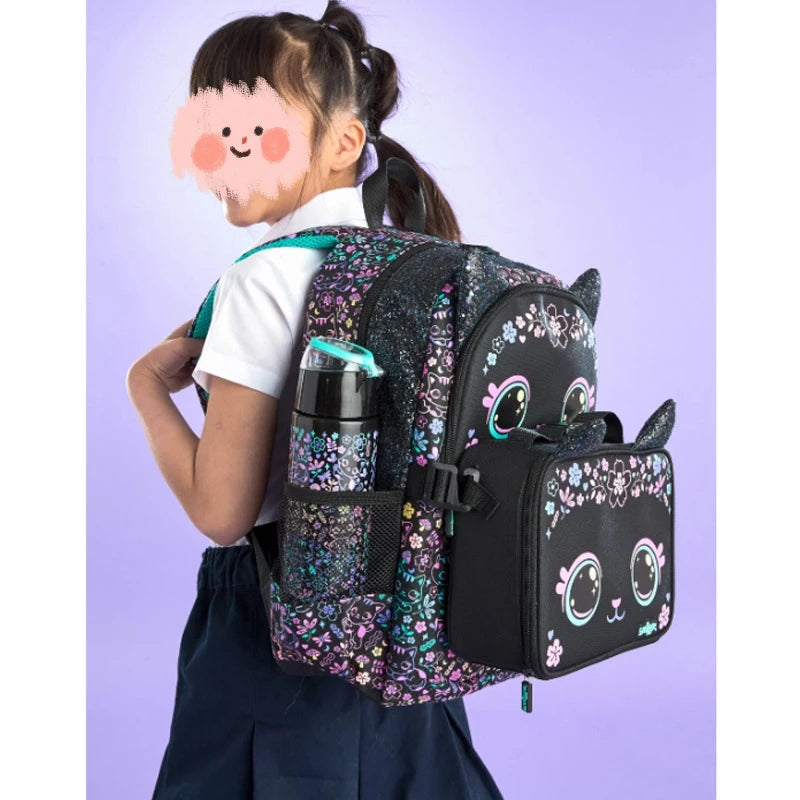 New Children'S Hot-Selling Schoolbag Female Cute High-Quality Black Cat Flower Pencil Case Lunch Bag Trolley Bag Back To School