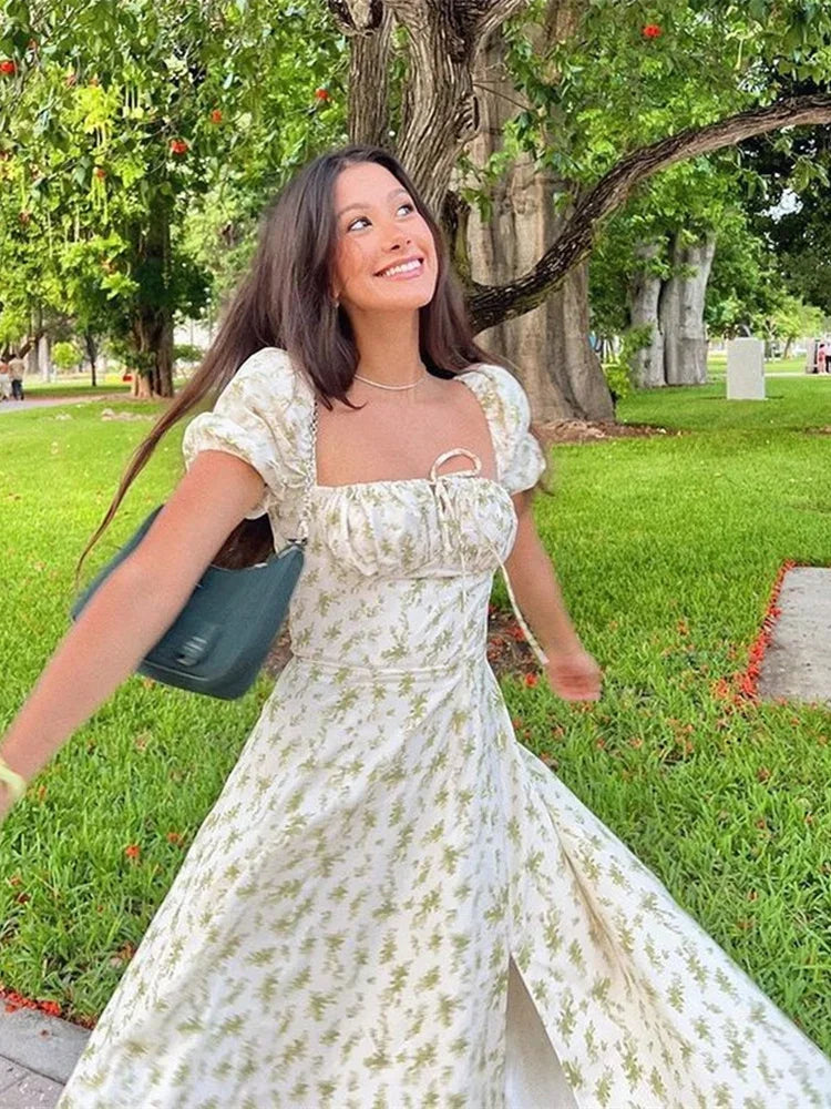 Puff Sleeve Floral Long Dress Women Summer Short Sleeve Square Neck Lace-up Split Dress Casual Sexy Vintage Dresses Female 2024