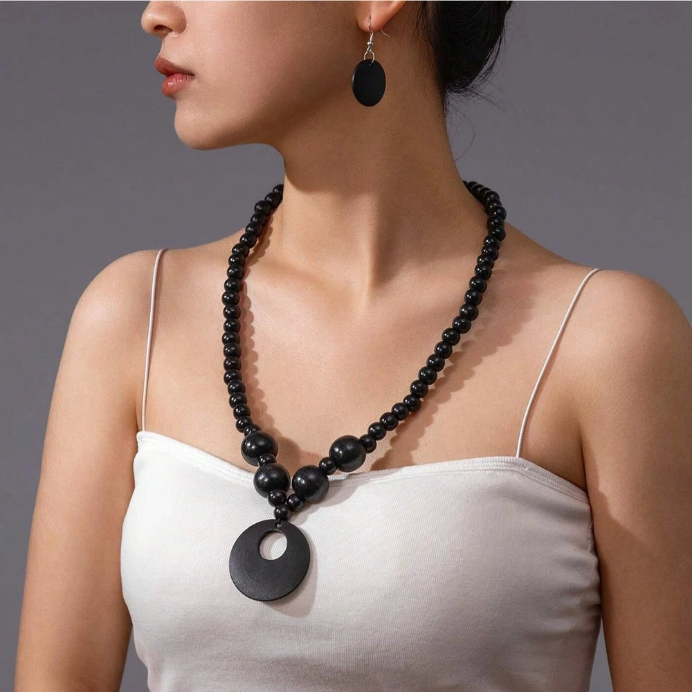 New Fashion Jewelry Set Bohemian Geometric Round  Wooden Bead Pendant Necklace And Earrings For Women Vacation Accessories