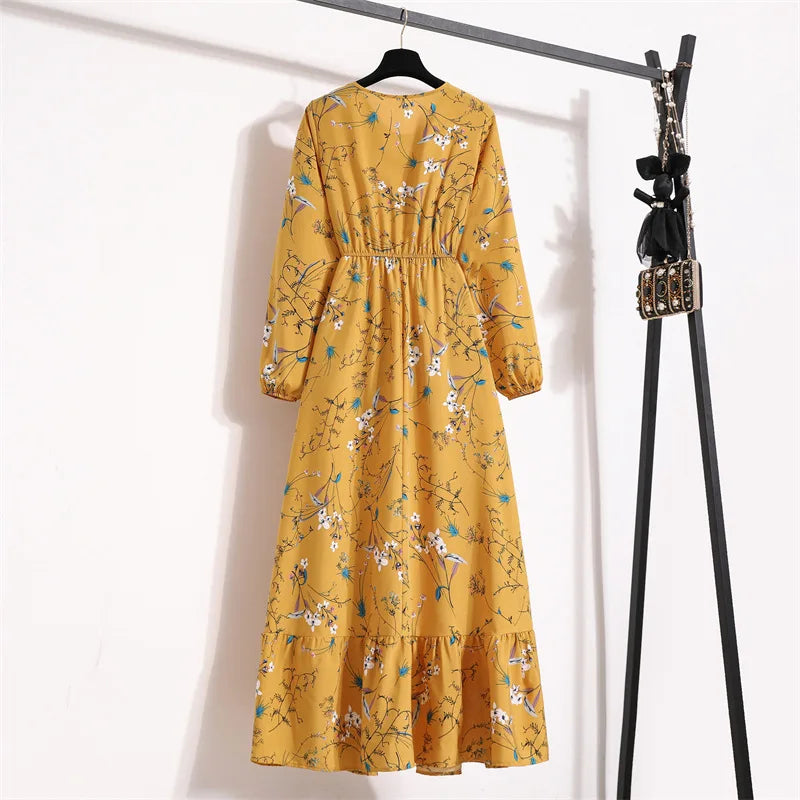 Women Eid Muslim Dresses Dubai Kaftan Tight Waist O Neck Morocco Arab Ruffles Spliced Vestidos Flowers Dress Casual Slim Fit