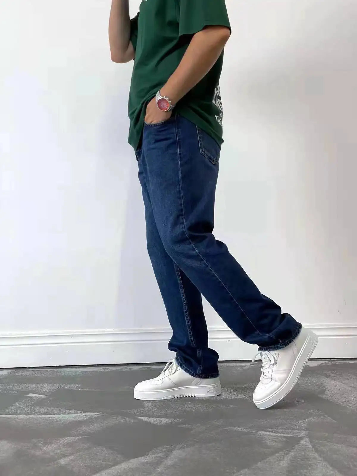 Men Comfortable Straight Casual Jeans Male Soft Baggy Outside Denim Pants Classic Elastic Waist Solid Office Work Denim Trousers