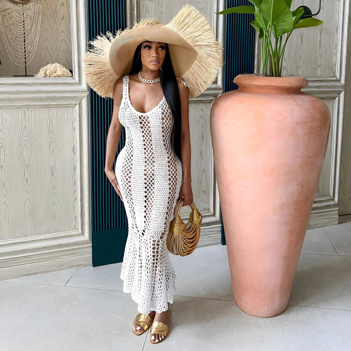 CM.YAYA Women Sleeveless Hollow Out Knit Ribbed Crochet Tank Mermaid Bodycon Midi Dress 2023 Sexy Party Club Vestidos Dresses