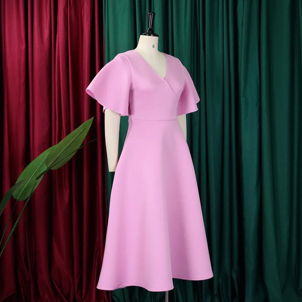 Elegant Party Dresses for Women V Neck Ruffles Sleeve High Waisted Pleated Mid Calf Luxury Birthday Dinner Vestidos Mujer Dress