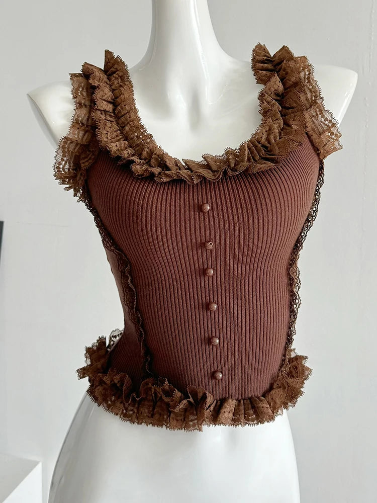 Korean Lace Patchwork Crop Top Women U-Neck Knitted Stretch Tank Top 2025 Summer Female White Lace Stretch Cami