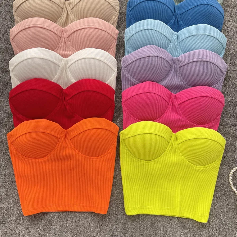 Strapless Western Style Skinny Tanks Camis for Women Summer Casual Solid Colours Female Corset Crop Tube Tops with Built In Bras