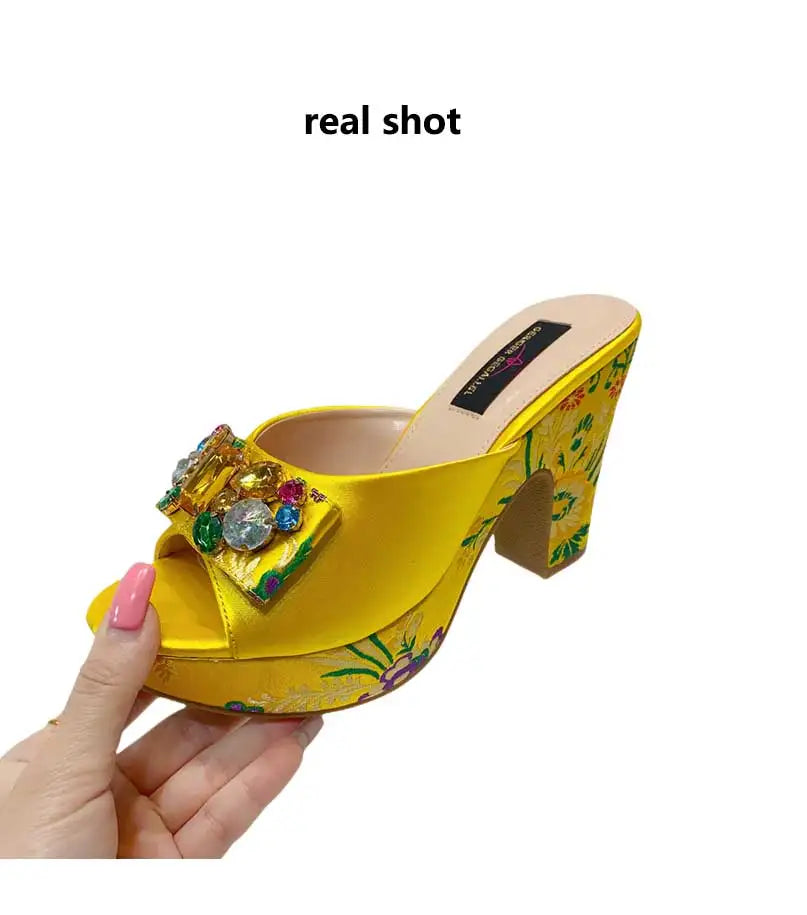 Summer Sandals 2023 Newest Pattern Embroidery Pattern Design Green Rhinestone Decoration High Heels Women Party Shoes Bag Set