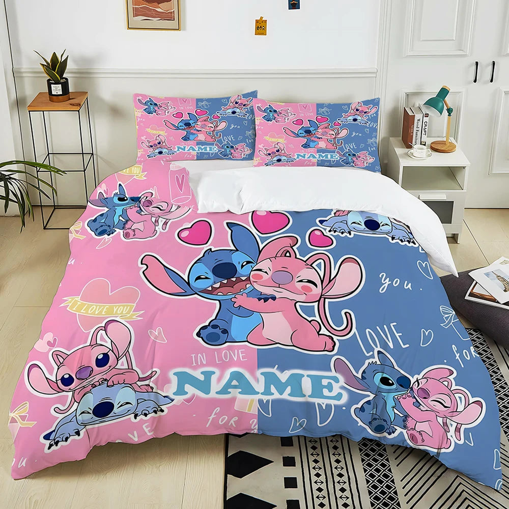 Custom Name Stitch Cartoon Printed Bedding Set Cartoon Anime Duvet Cover Comforter Pillowcase Boys Girls Children Adults King