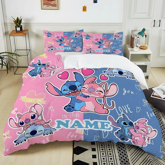 Custom Name Stitch Cartoon Printed Bedding Set Cartoon Anime Duvet Cover Comforter Pillowcase Boys Girls Children Adults King